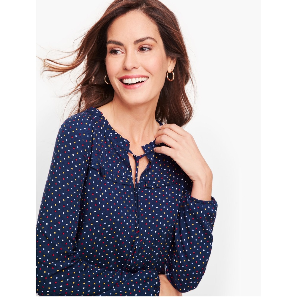 Talbots Women's Blue Polka‎ Dot Long Sleeve Ruffle Neck Tie Blouse Top L